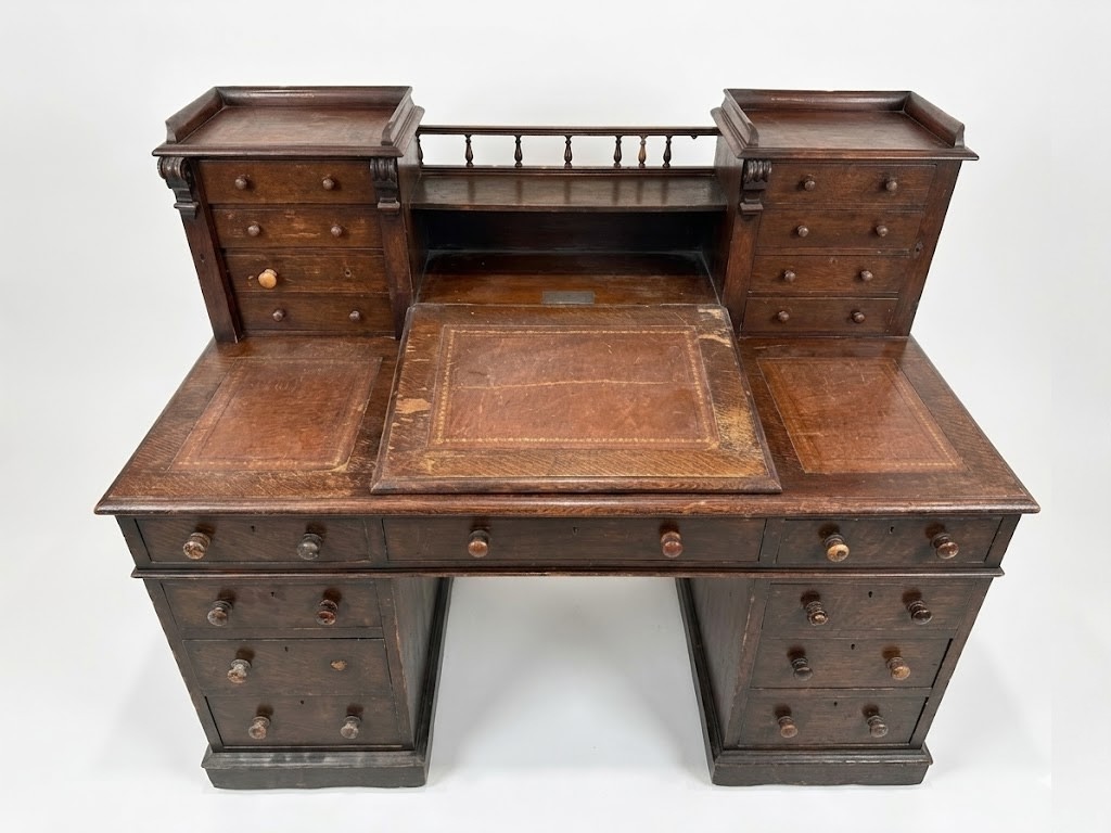 Antique 1892 English Oak Pedestal Desk – Victorian Davenport Gallery Top – Toole