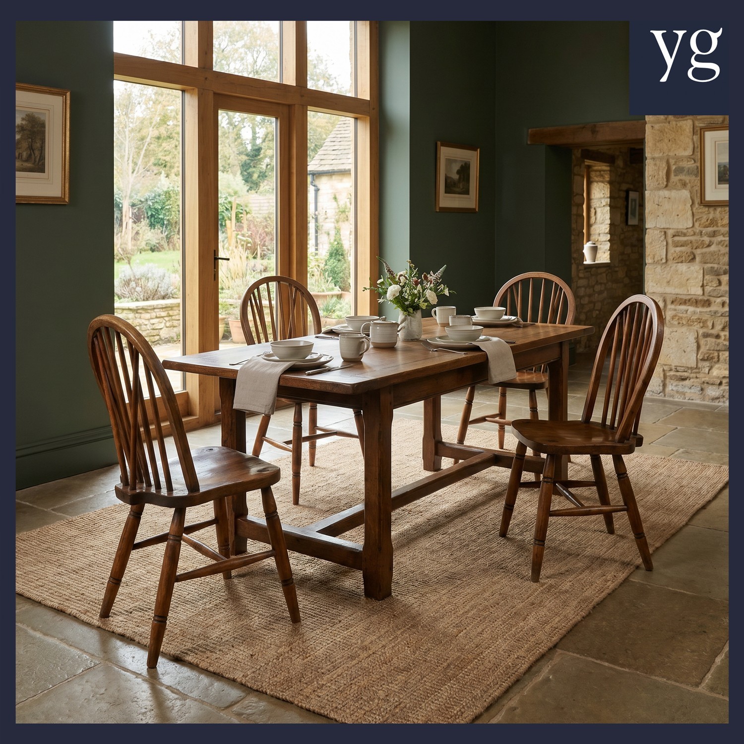 Antique English Ash & Elm Four 4 Windsor Hoop & Stick Back Kitchen Dining Chairs