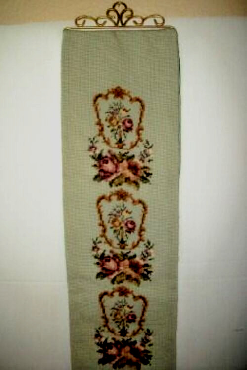 Cottagecore Needlepoint Roses Bell Pull Aqua Ornate Petit Point Silk Back 1950s