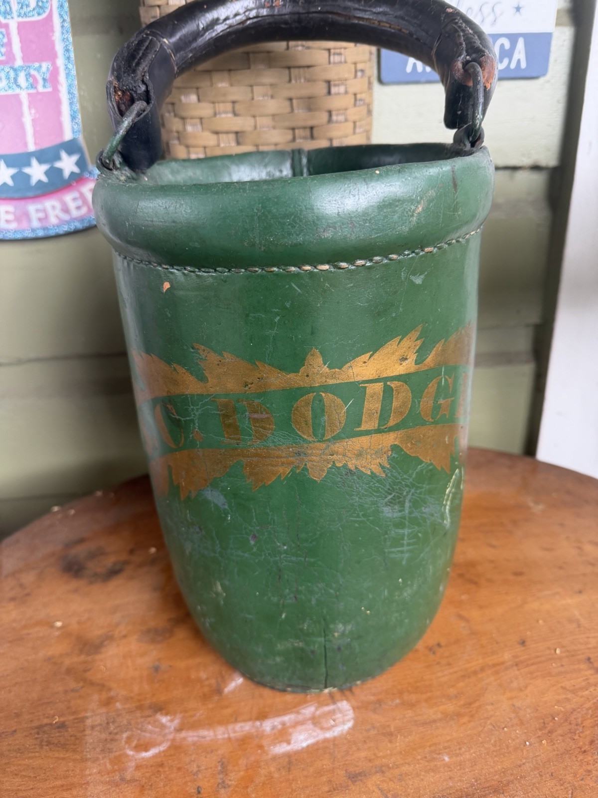 Fantastic Early 19th C New England Leather Fire Bucket Orig Green Paint! AAFA