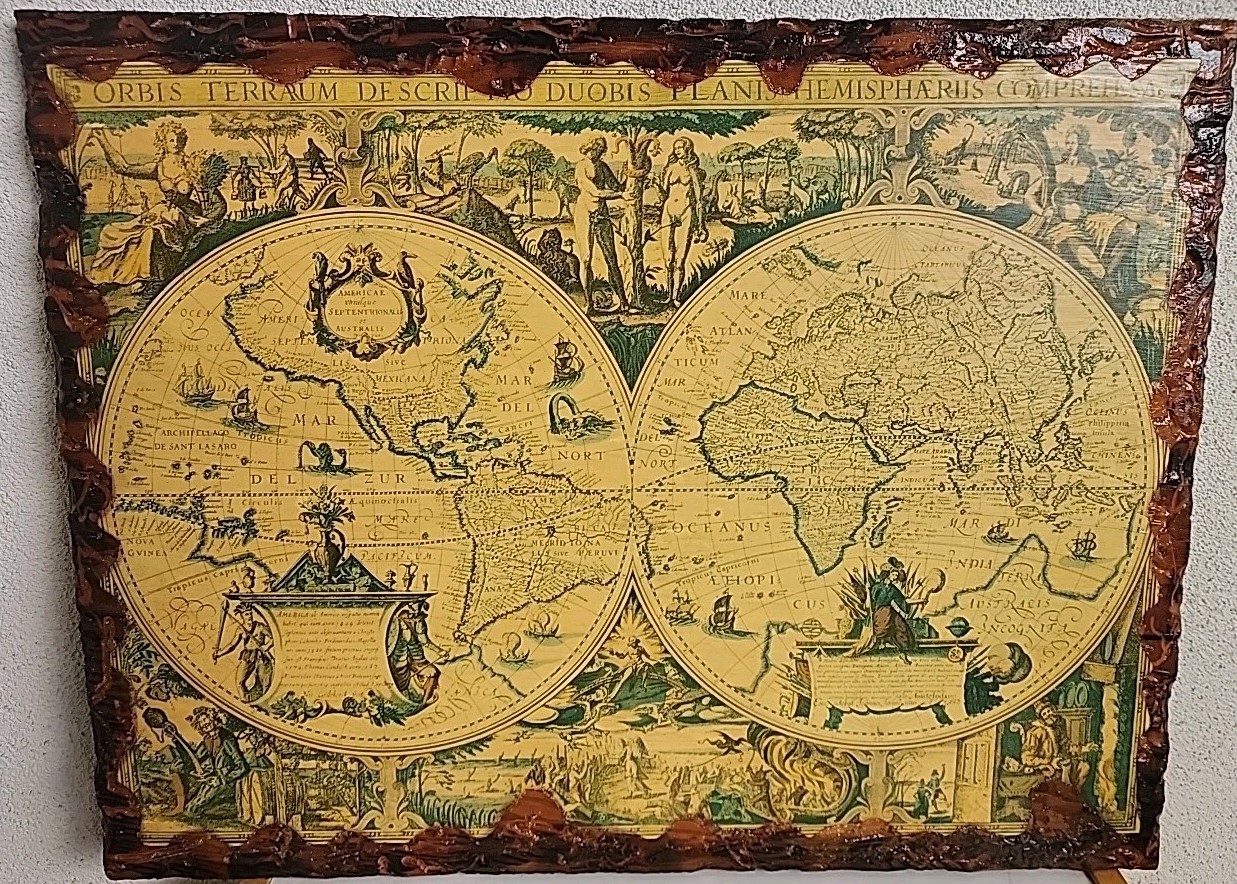Old World Map Wall Art Double Hemisphere Wood Mounted Burnt Edges & Chain Vtg