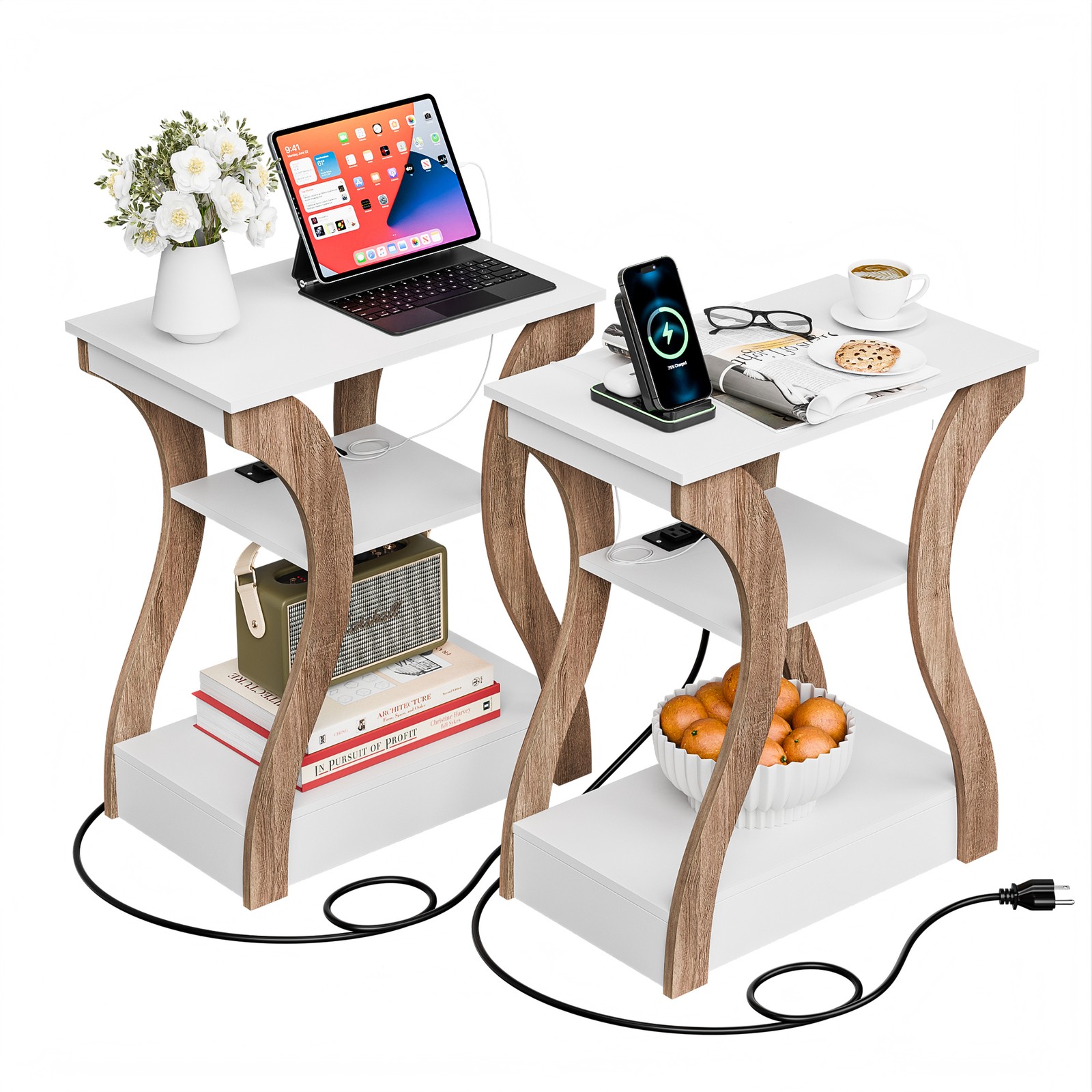 2X 3 Tier End Table w/ Charging Station Side Table for Bedroom Living Room White