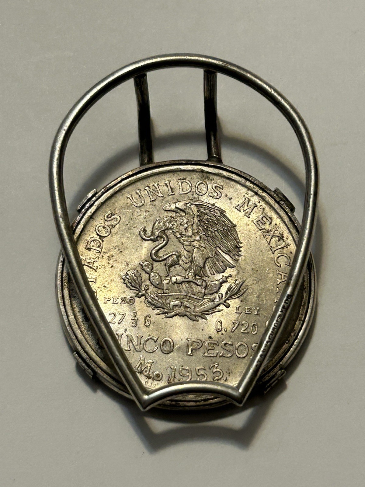 Money Clip Sterling Silver 1953 Cinco Pesos Uncirculated BU Very Nice! 40.2g