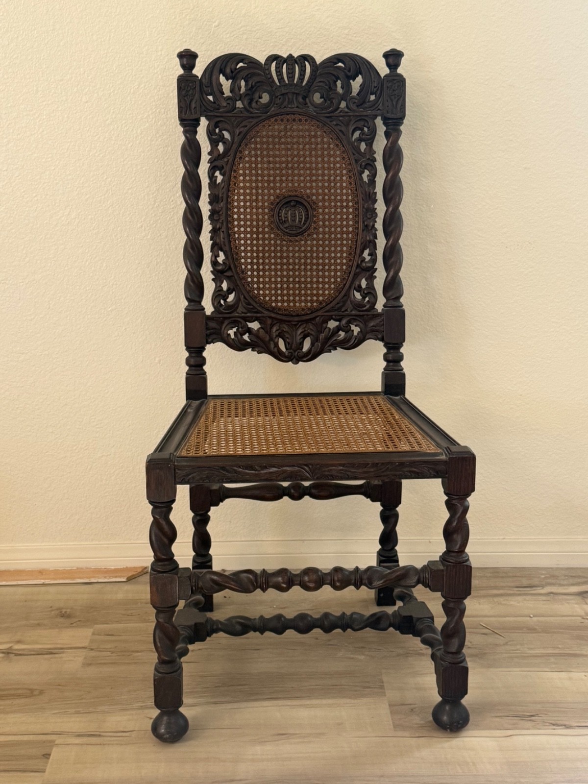 Berkey & Gay Antique Jacobean Revival Caned Seat Carved Armchair, Circa 1920s