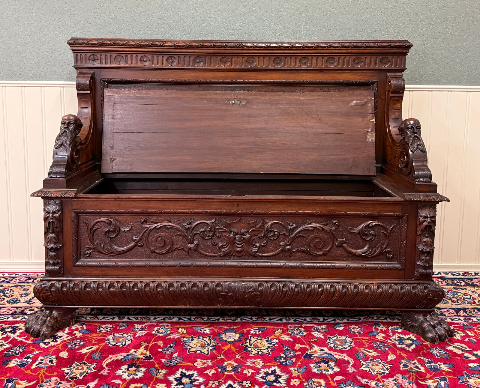Antique French Entry Bench Settee Trunk Renaissance Revival Dark Walnut c1890s