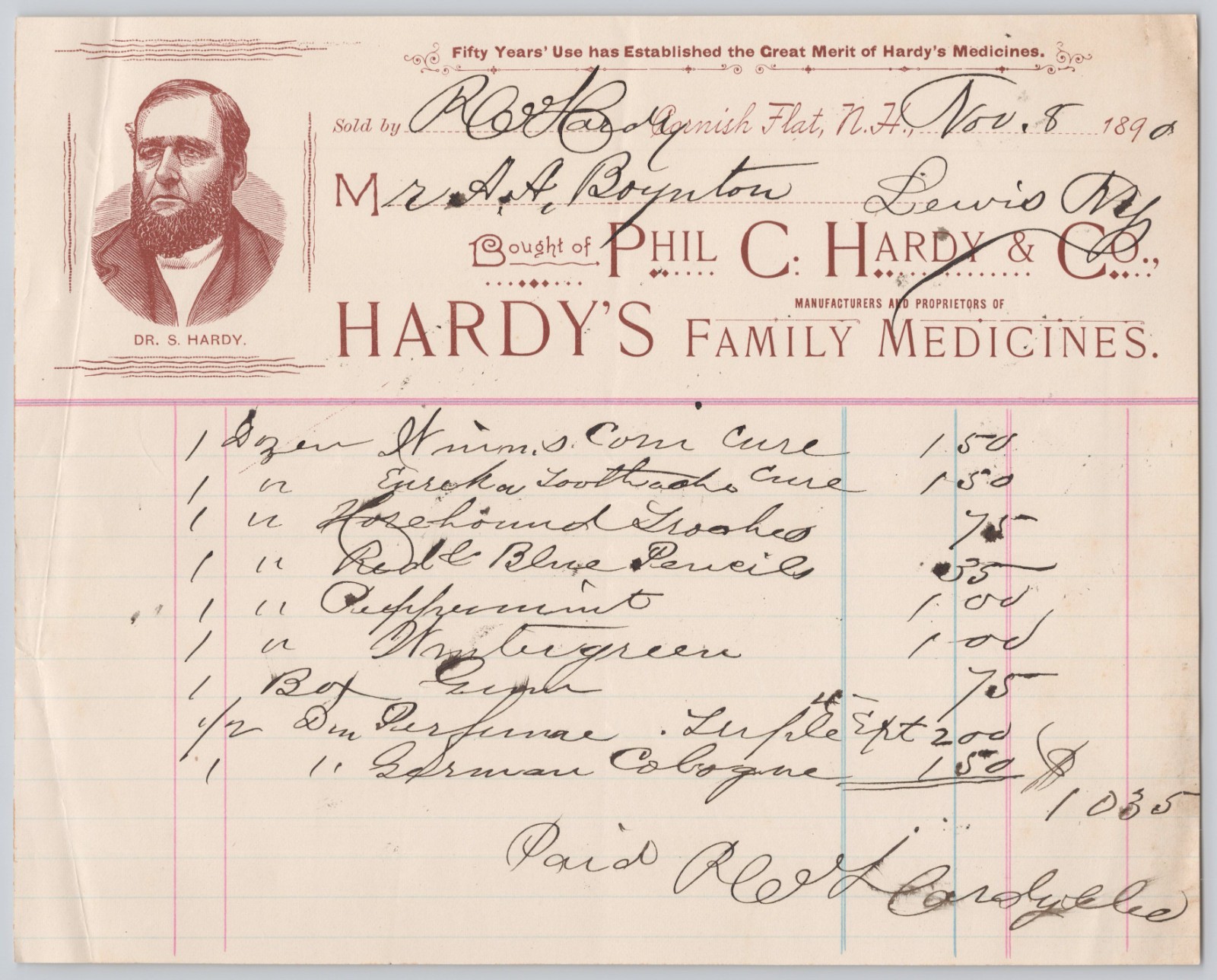 1890 Phil C Hardy Hardy’s Family Medicines Patent Medicine Billhead BH1-17