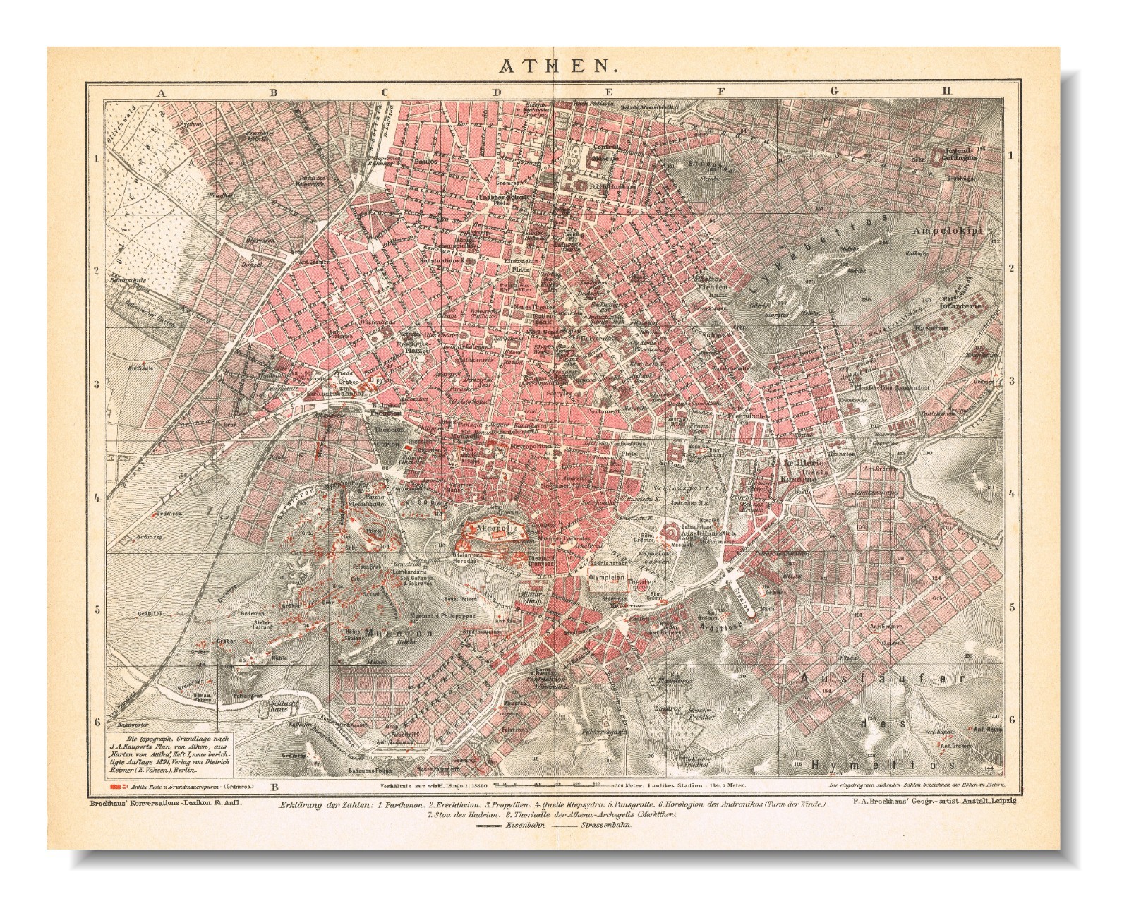 ATHENS 1896 Antique Original map city plan Αθήνα χάρτης Acropolis Hymettus