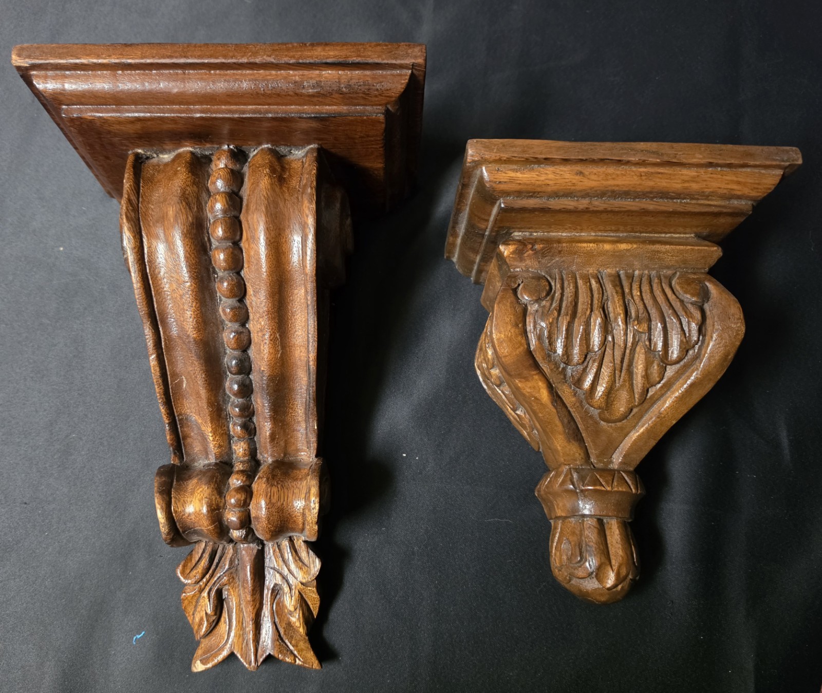 Vtg Coordinated Wood Corbel Pair Mismatched Carved Sconces Shelf Brackets