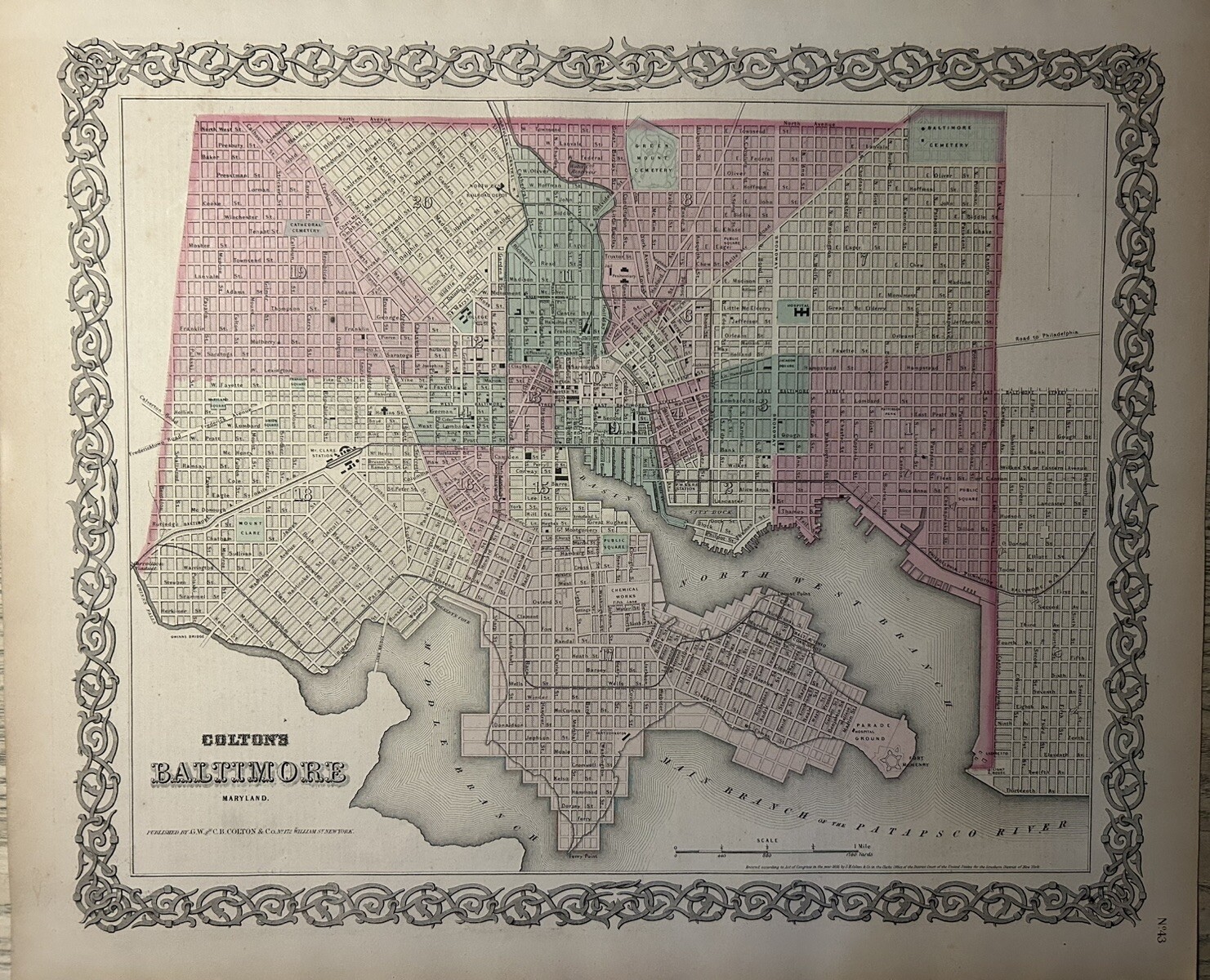 1870 Colton’s Baltimore City Plan Hand Coloured Original Antique Map 17″ x 14″