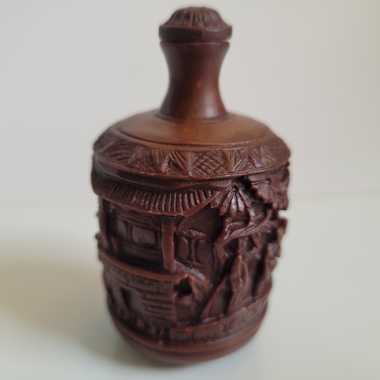 Brown Heavy Snuff Bottle Resin Carved Chinese Vintage See Description! Great!
