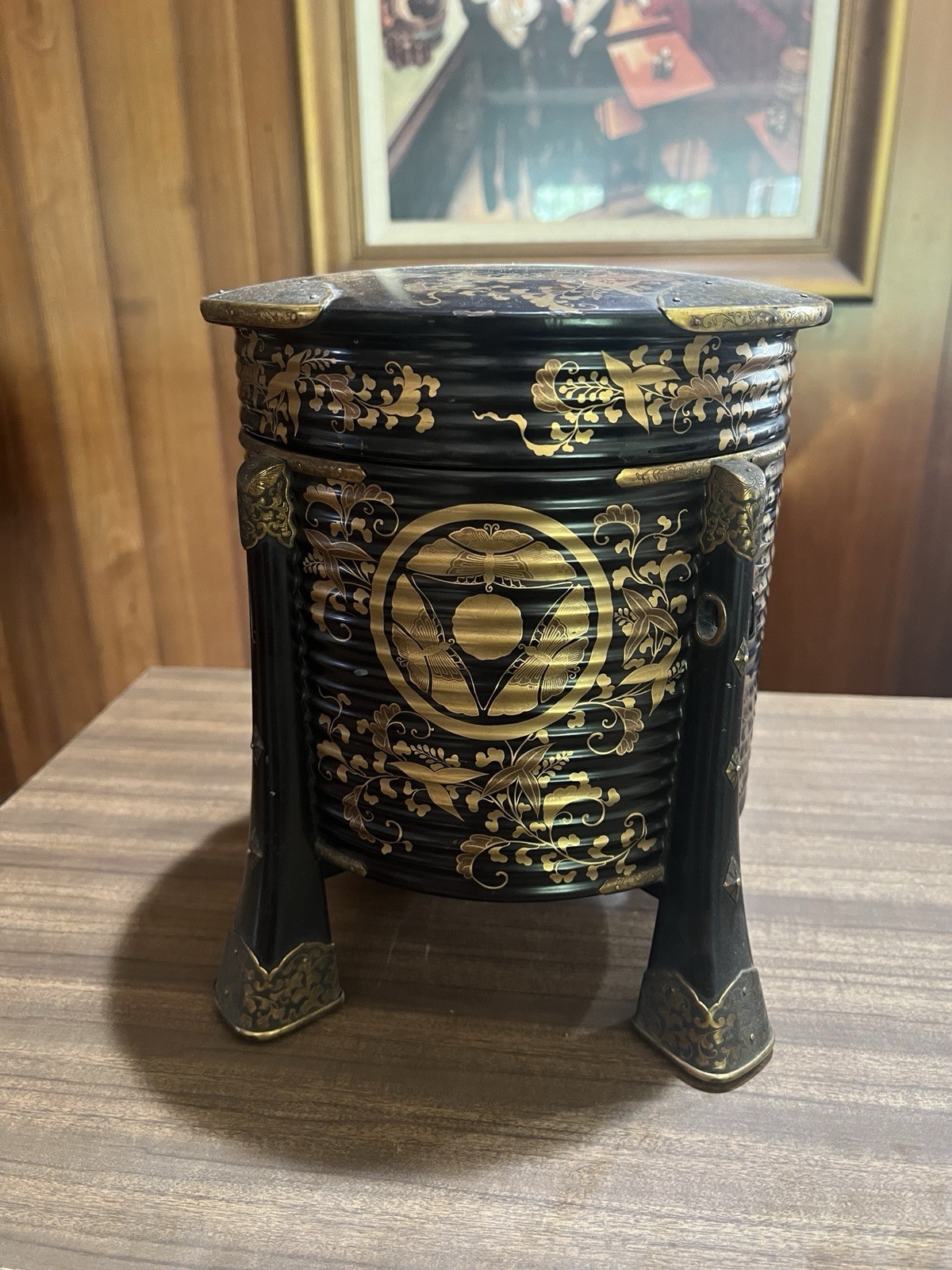 Antique Japanese Black Lacquer Hokai Lidded Box With Brass And Gold Accents.