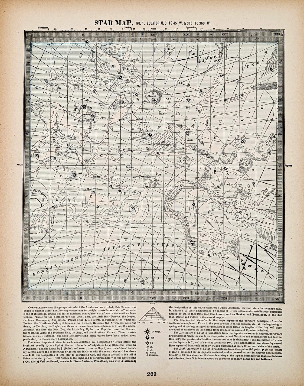 1898 CELESTIAL STAR MAP – Original South Polar Stars Aquarius – Pegasus