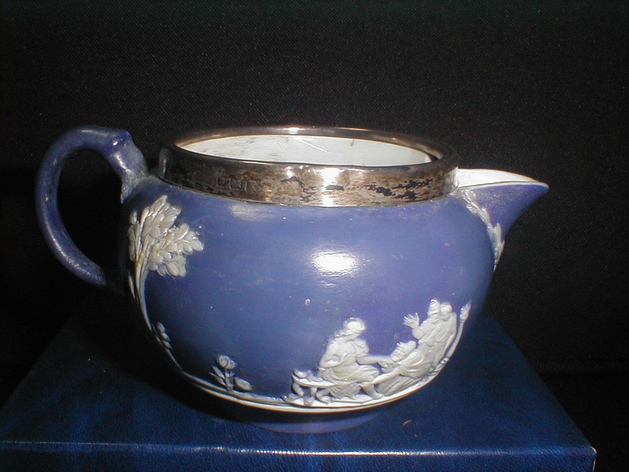 Wedgwood Vintage Jasper Ware Royal Blue Cream Jug 1930 Silver Hallmark To Rim