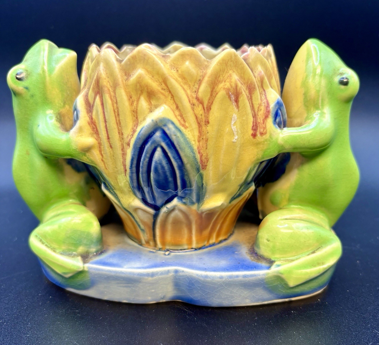 1930s Majolica Frogs Holding Flower Pot Japan HP Rare Vintage Planter