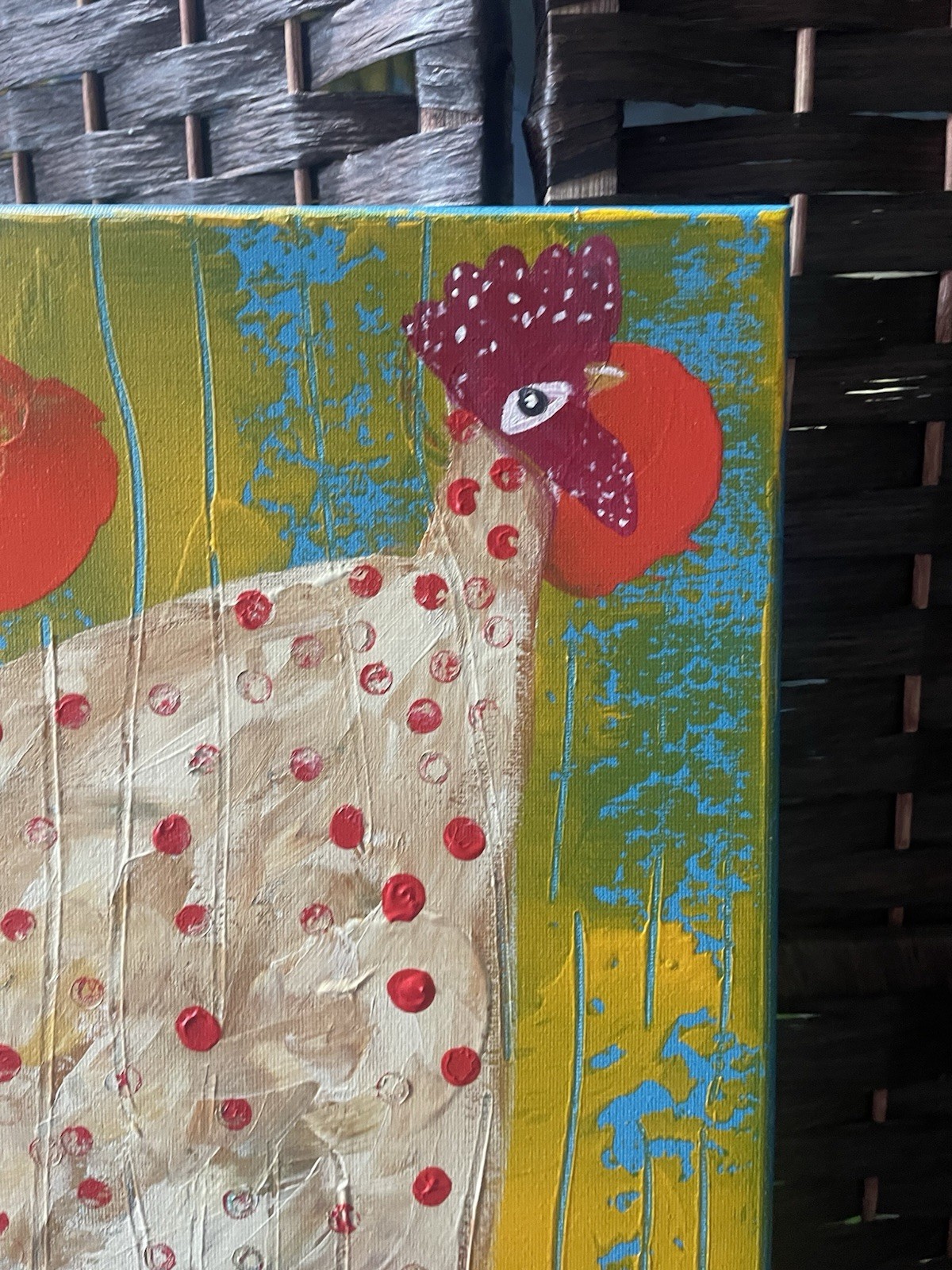 Chicken Hen Original Brut Folk Art 14 X 14 X3/4” Wrapped Canvas Annette Harford