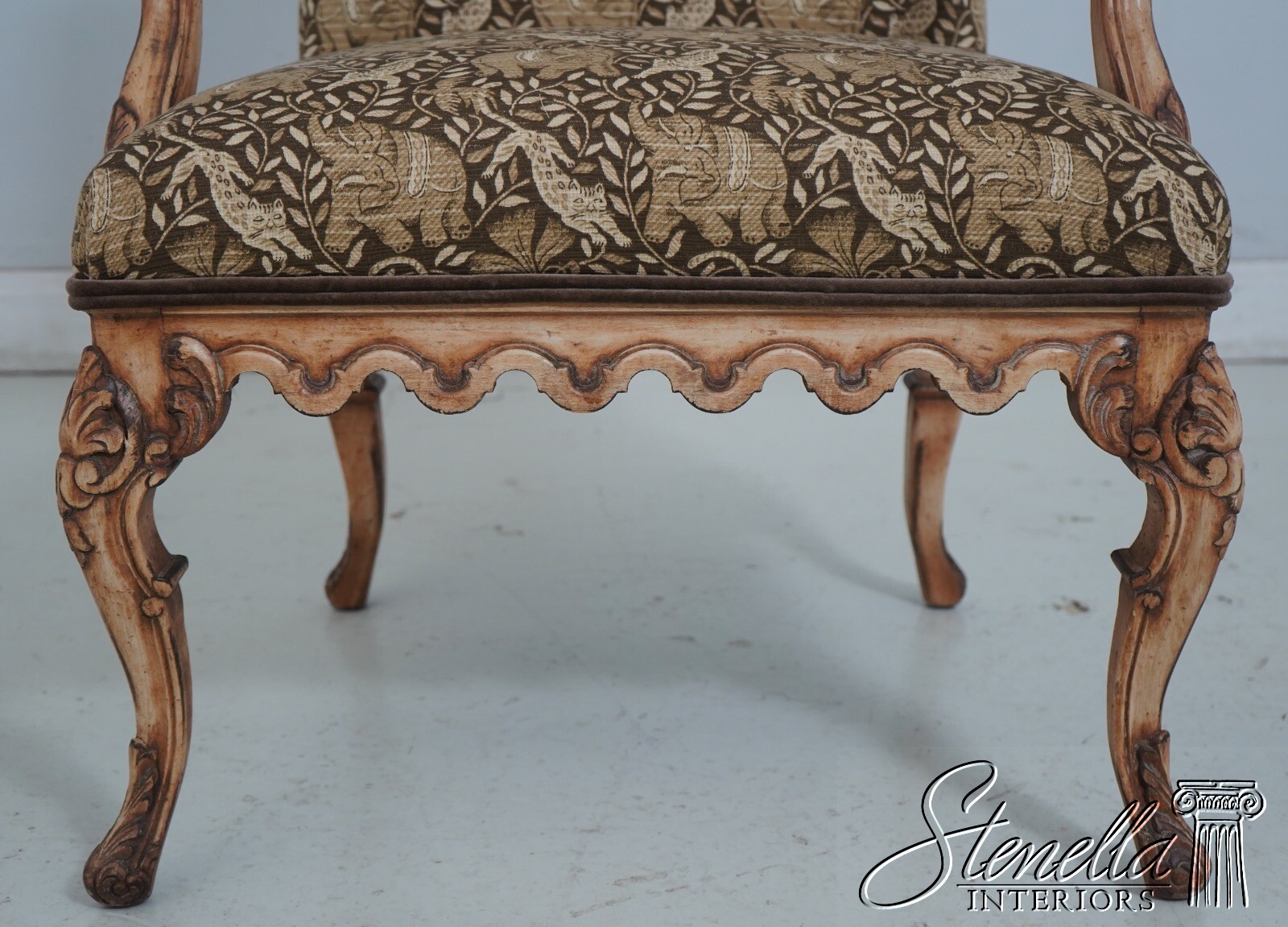 L68872: Pair WEIMAN French Louis XIV Safari Print Upholstered Armchairs