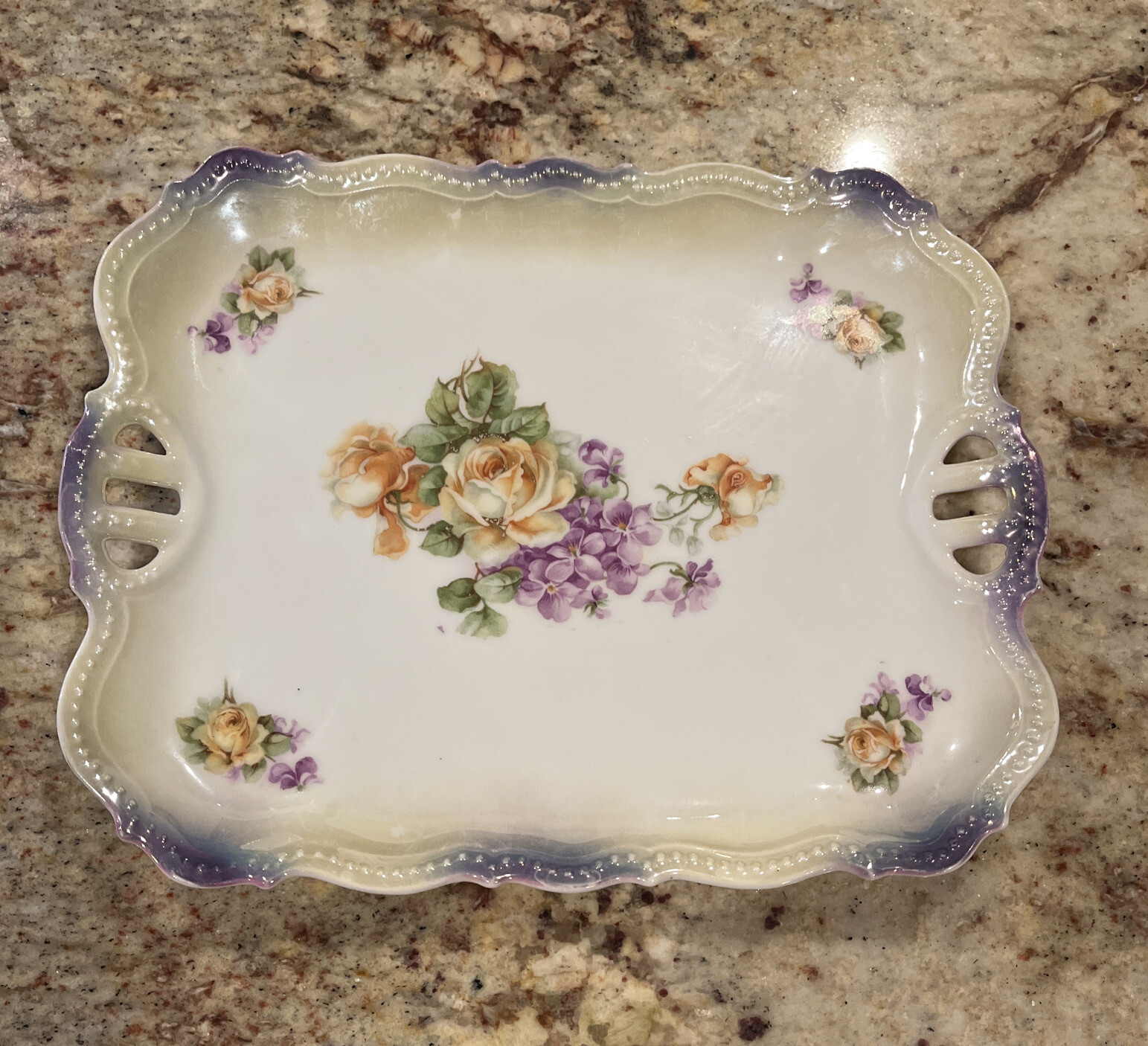Antique PK Silesia Yellow Rose Purple Tint Handled Dresser Tray Early Eagle Mark