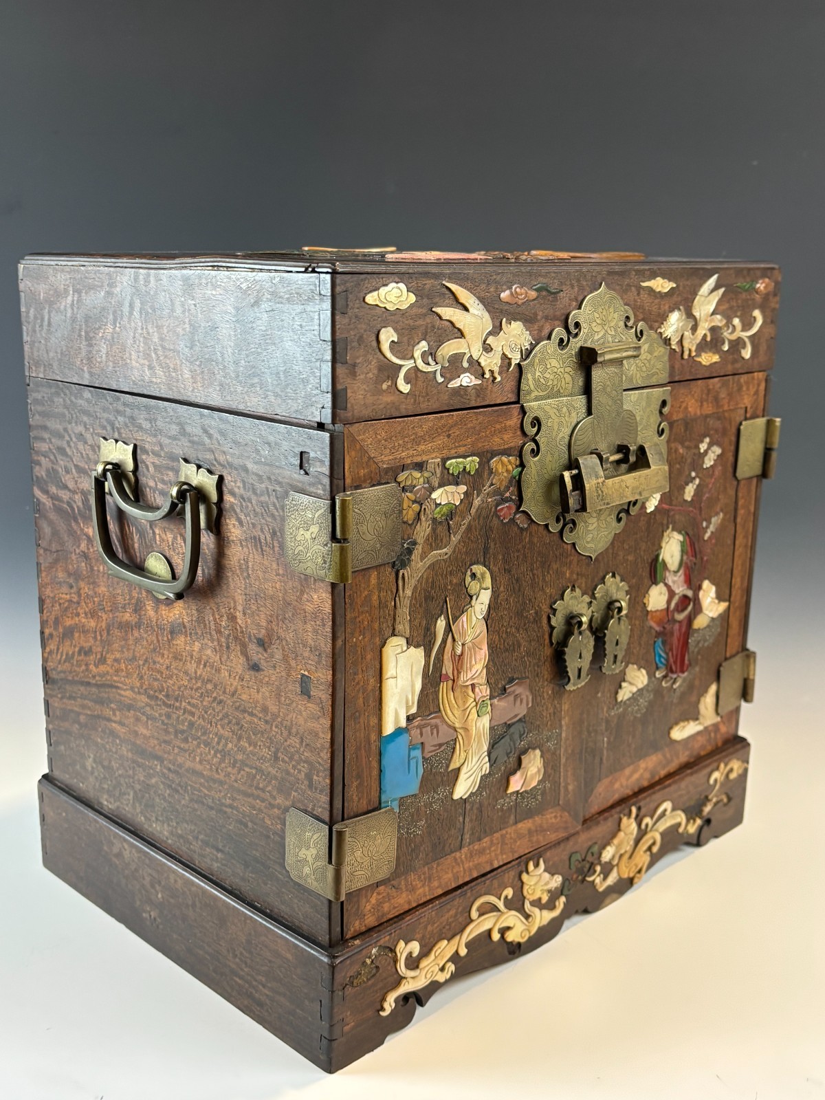 Antique Chinese Inlaid Hardwood Jewelry Cabinet c1900 w Original Bar Lock & Key