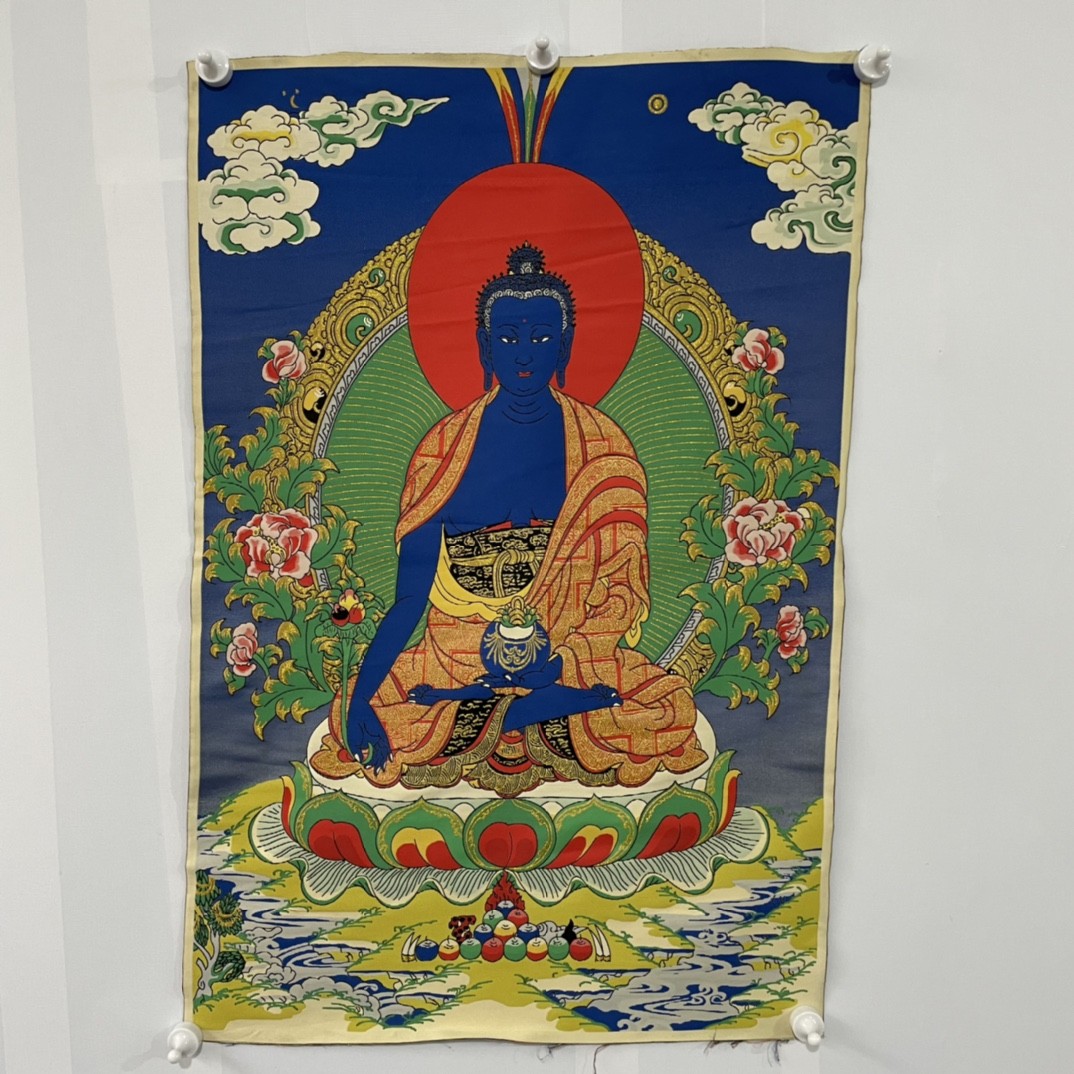 35in Handmade Silk Embroidery Tibetan Thangka Blue Buddha Religious Art Decor