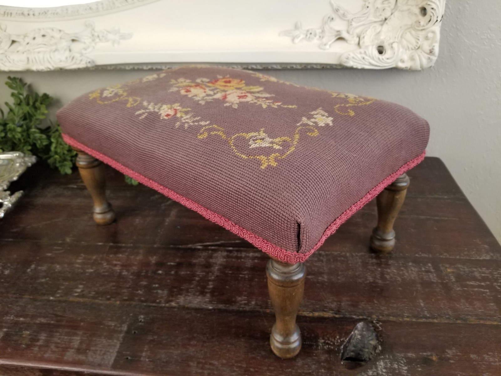 Antique Early 1900’s Floral & Rose Needlepoint Wooden Footstool in Deep Mauve