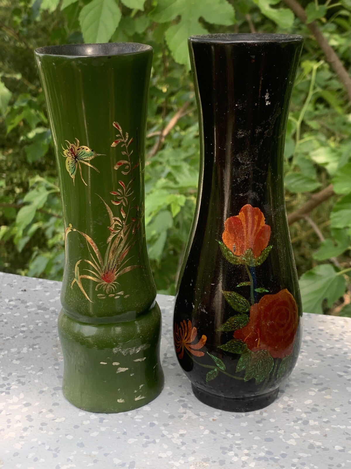 Antique Wood Flower Vase Handpainted Butterfly in Garden & Red Rose SET 2 ❤️sj8j