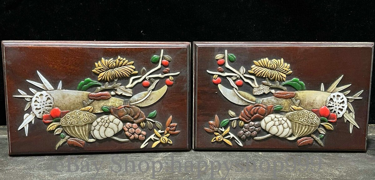 8.7″ Old Tibetan Rosewood Inlaid shells flowers fruits Jewelry Box Pair