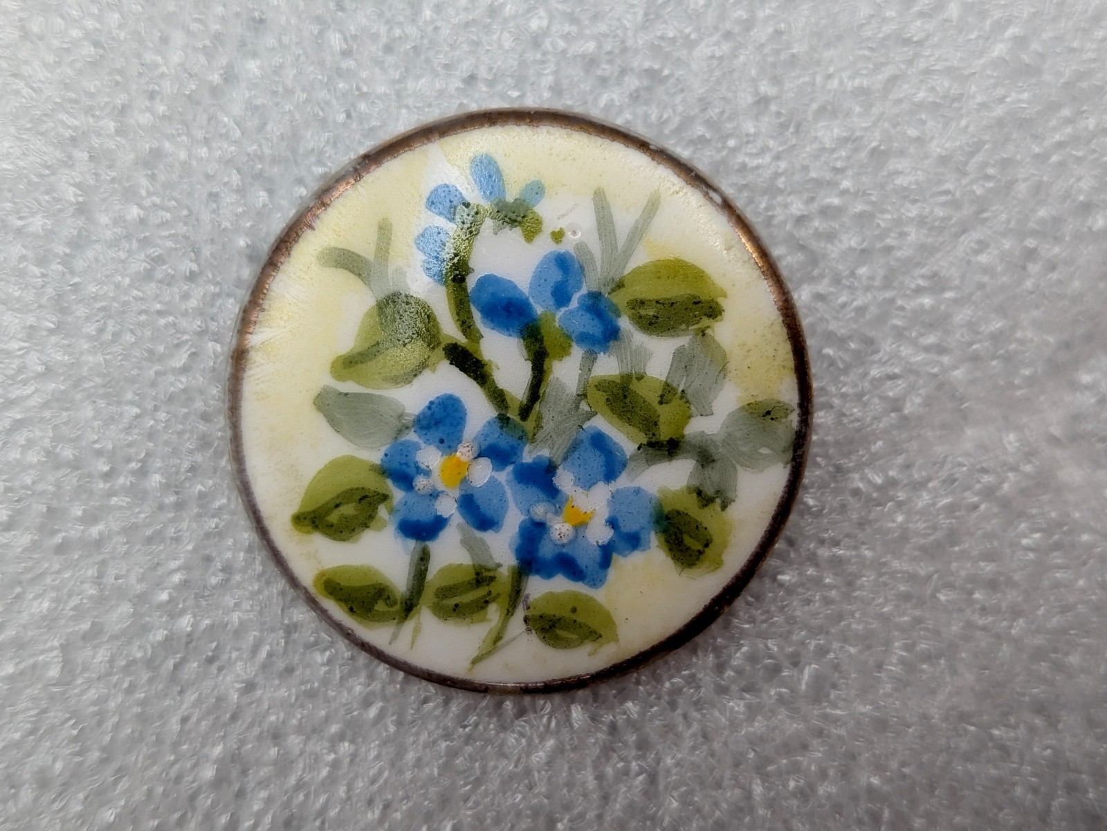 Antique Porcelain Stud Button Blue Forget-Me-Not Hand Painted Unmarked 1″