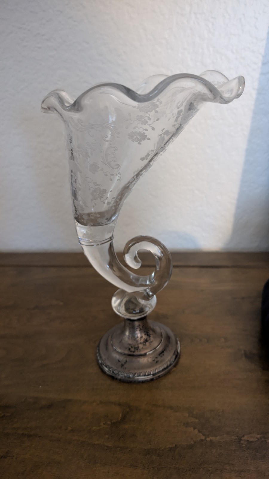 Pair (2) Cambridge Chantilly Cornucopia Glass Vase Weighted Ster. Silver Base