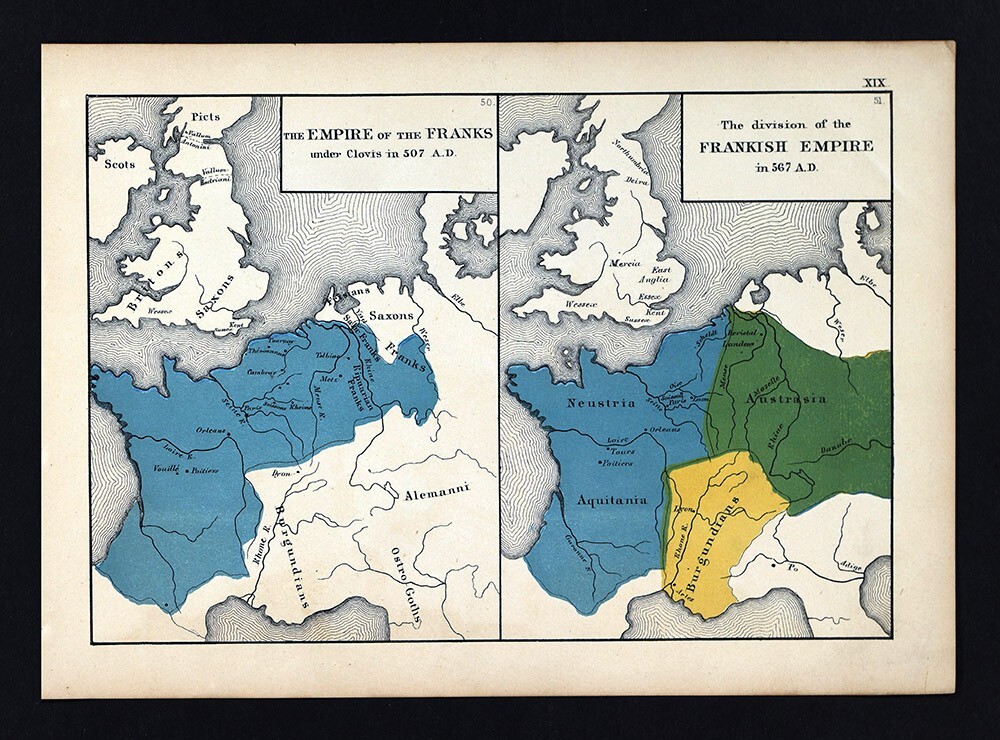 1873 Labberton Map Frankish Empire Clovis & Division in 567 AD France Germany