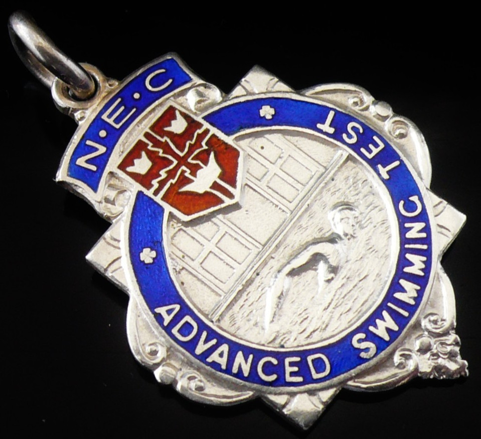 Pocket Watch Fob Medal, Sterling Silver Enamel, Advanced Swimming Test 1938