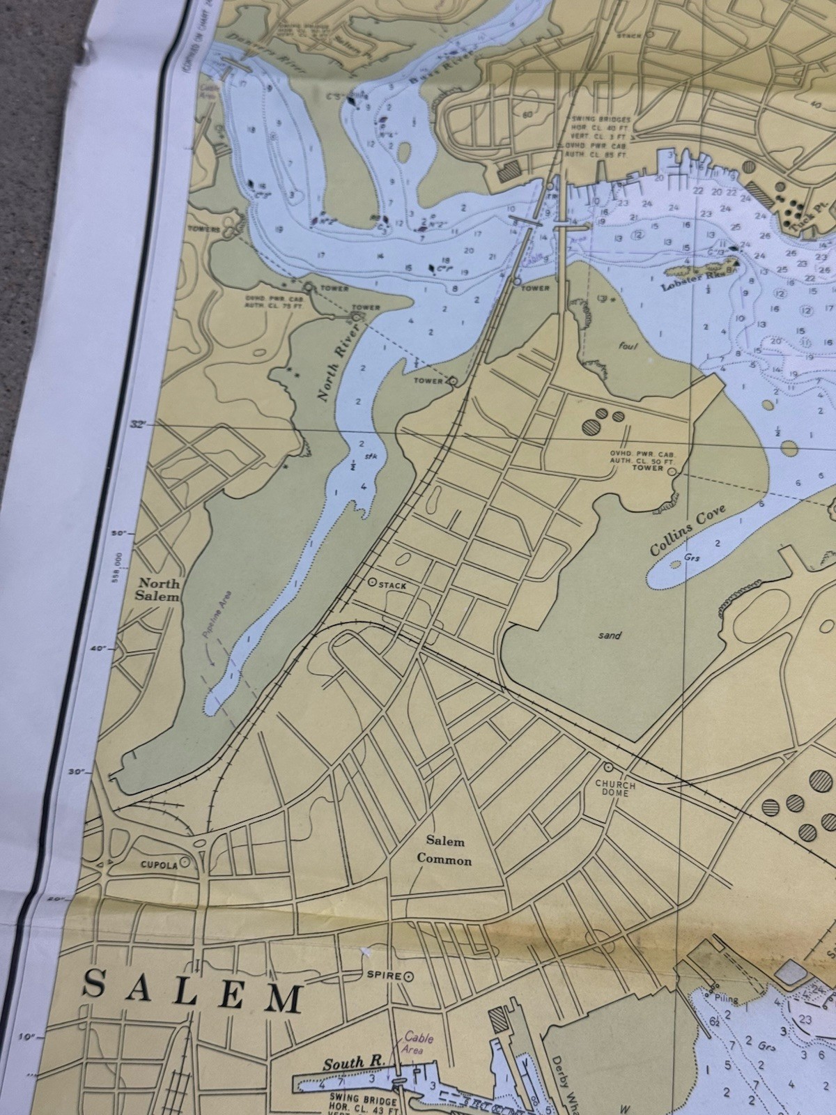 1972 SALEM, MARBLEHEAD, BEVERLY Nautical Chart HARBORS 33.5″ x 33.5″