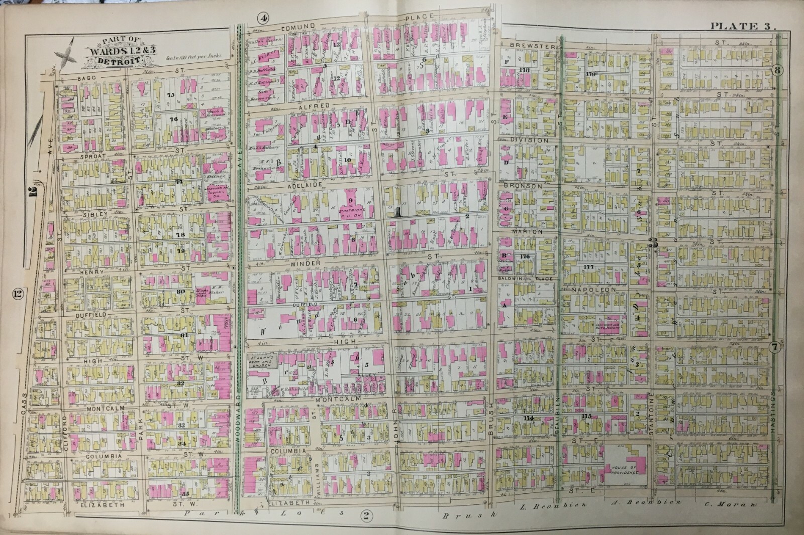 1885 CENTRAL BUSINESS DISTRICT DETROIT MI BAGG TO ELIZABETH ST & CASS ATLAS MAP