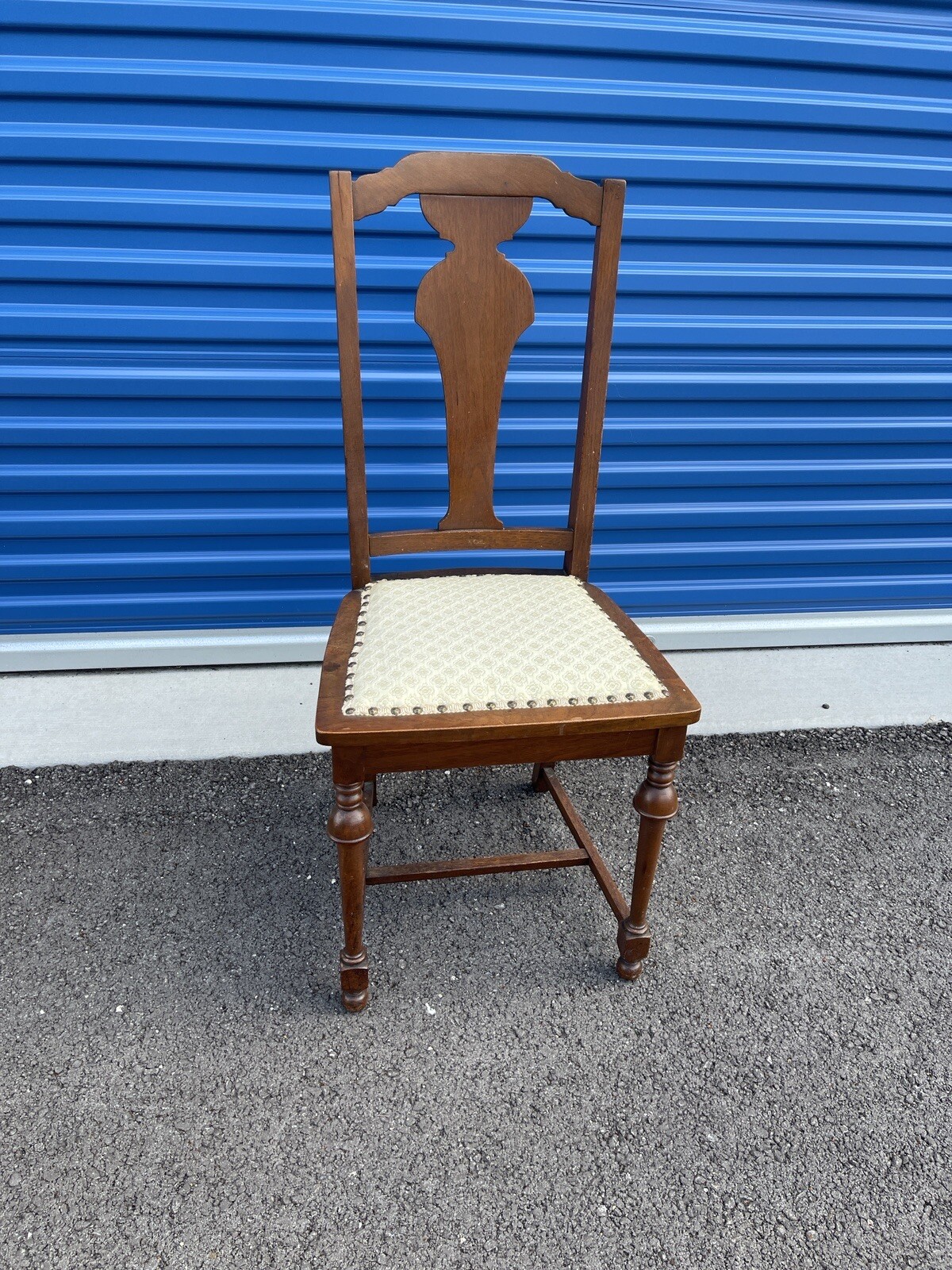 antique Farmhouse wood Dining chair Slat T back Oak Upholstered Very Good Cons
