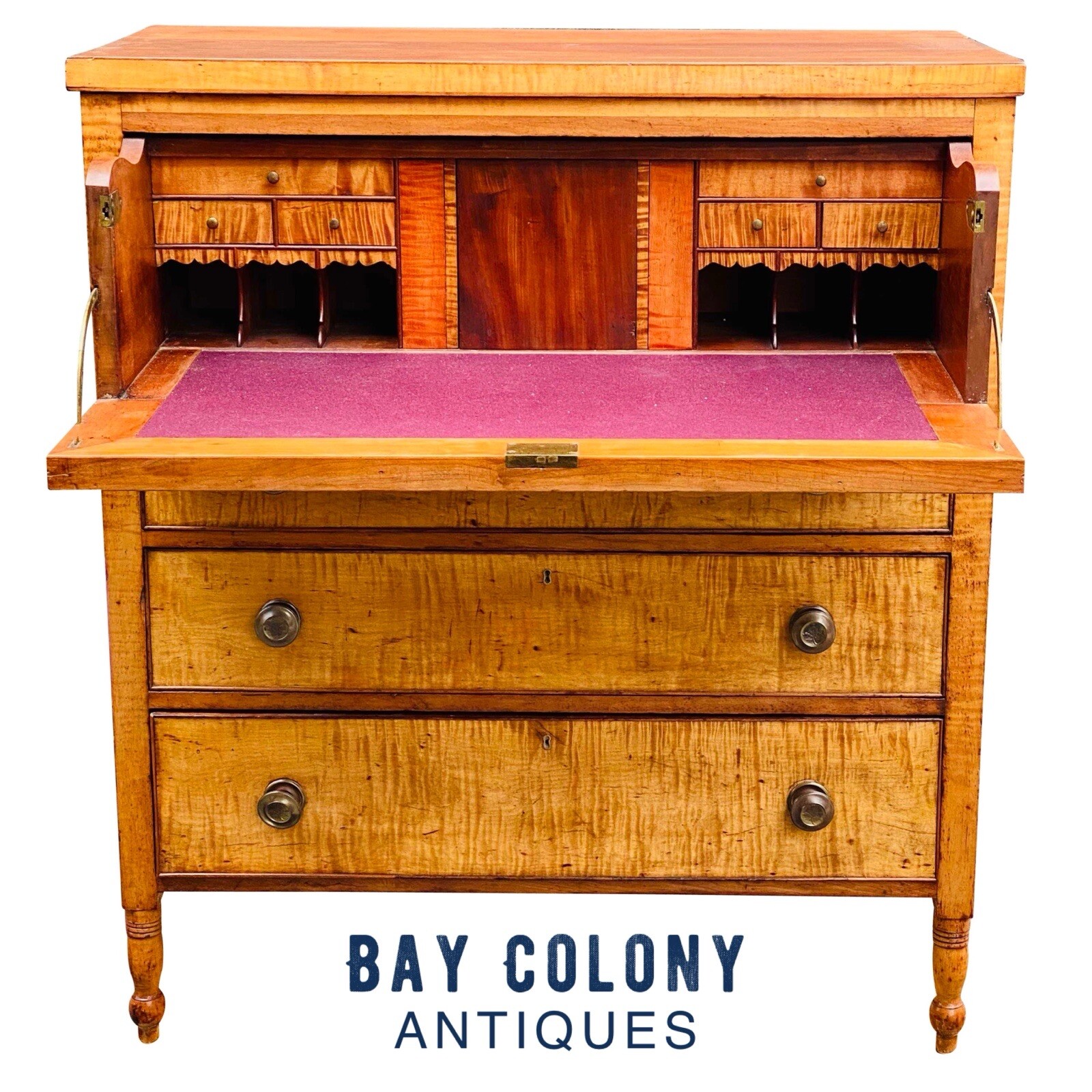 19TH C ANTIQUE PENNSYLVANIA SHERATON TIGER MAPLE & WALNUT BUTLERS DESK