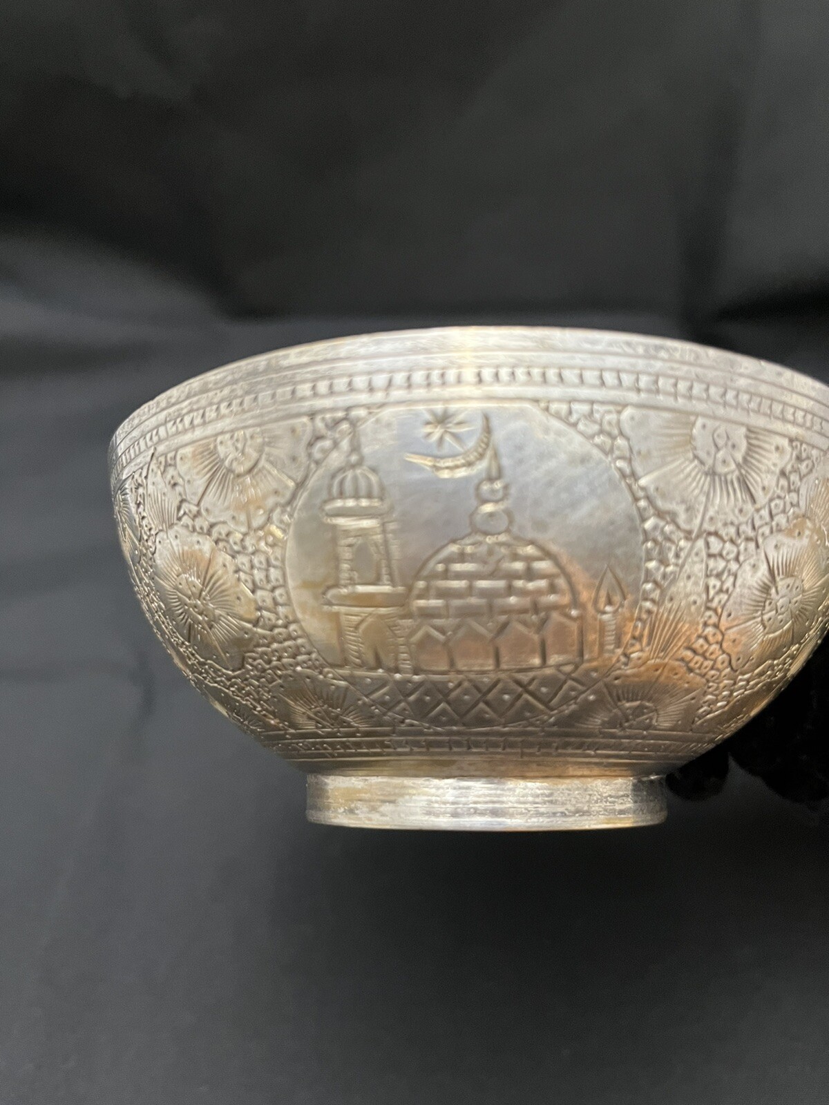 Antique Islamic / Persian Brass Bowl With Engraved Mosque And Flowers Ornament