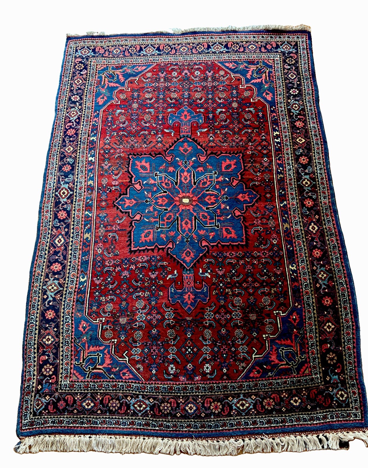 5 X 7 Antique Bidjjar Rug C. 1920-30. Crimson, Coral, French Blue, Coffee, Ivory