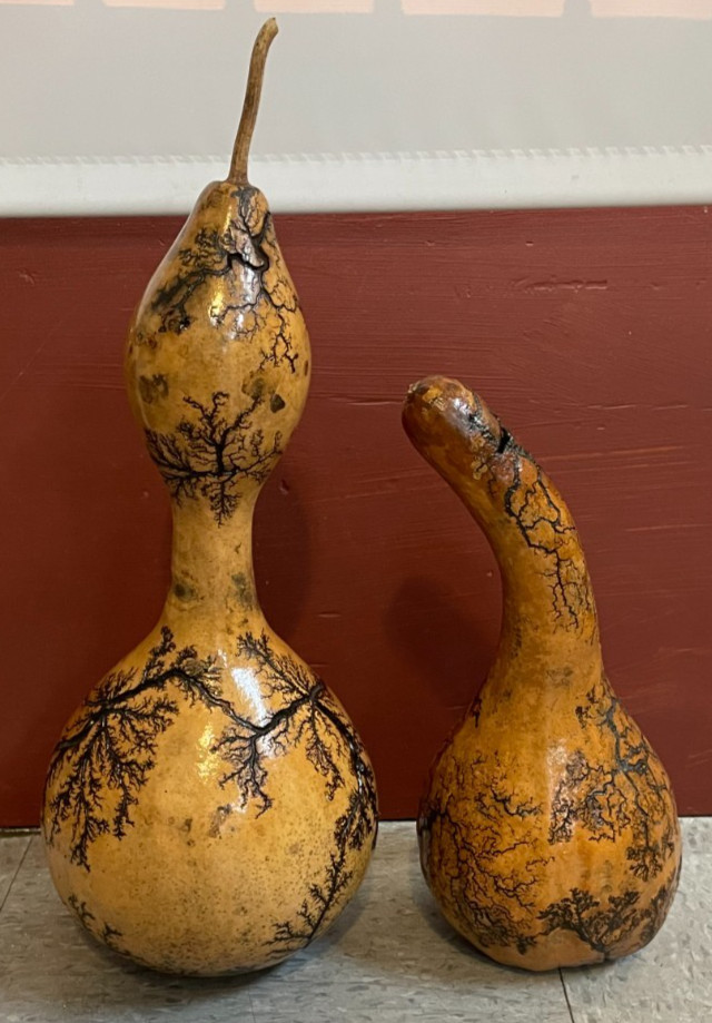 2 Vgt Primitive Pyrography Bottle Calabash Gourds 18 & 12″ Tall Decor Halloween