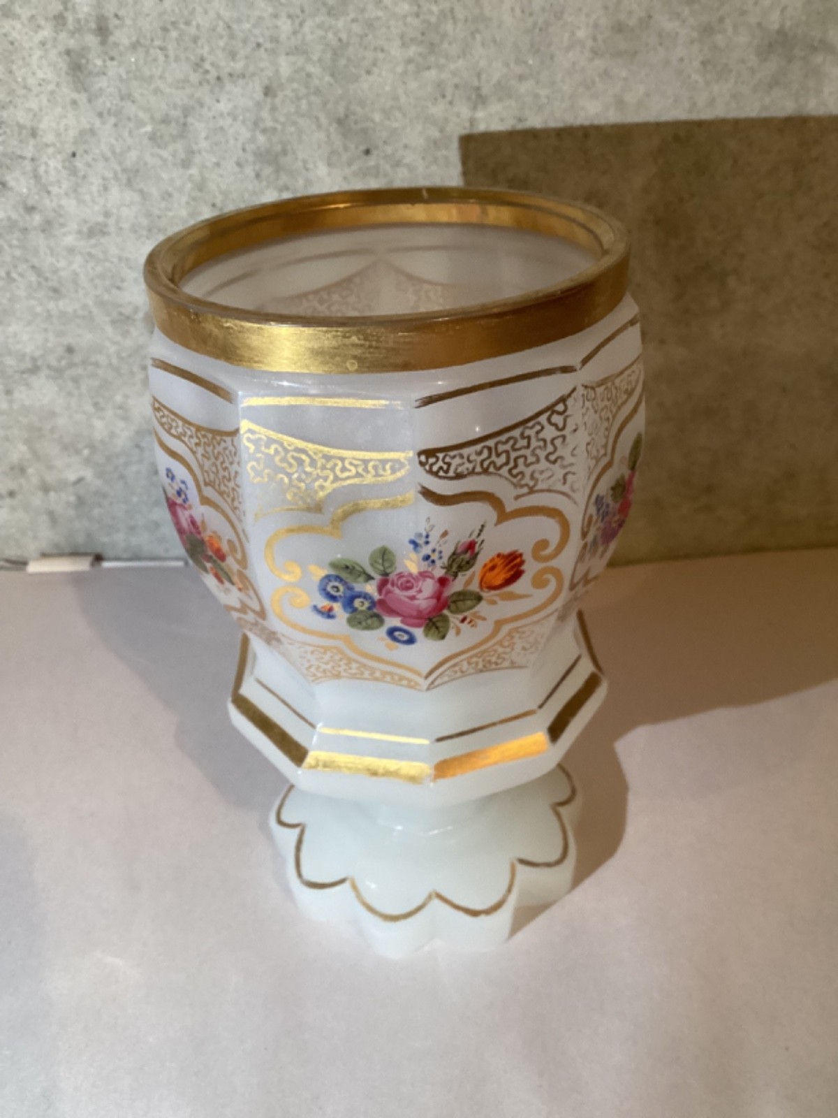 1800-1850’s Biedermeier Czech Bohemian Glass: White, Floral Gold 5.25”Stunning