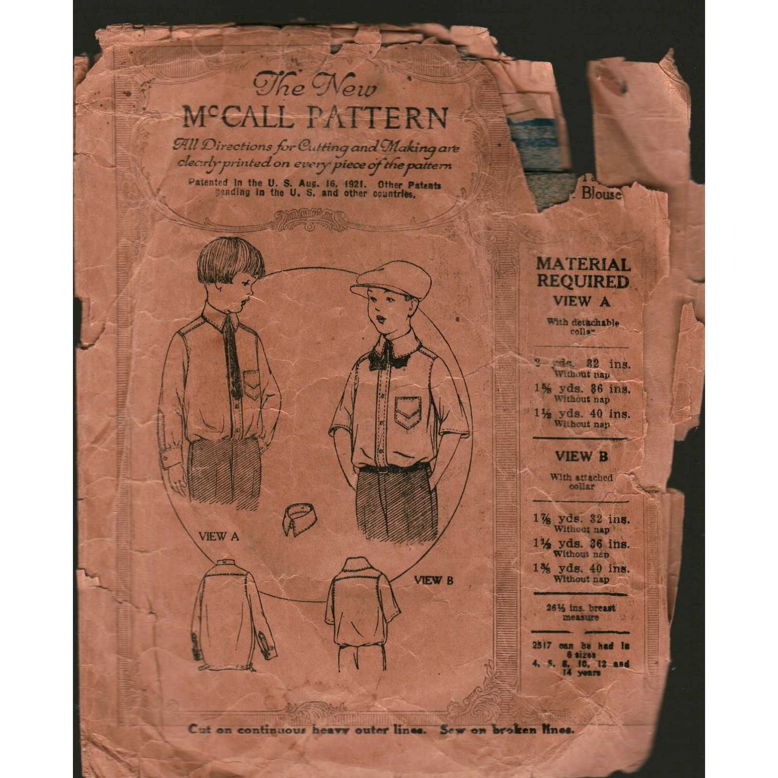Vintage 1920s McCall Pattern 2517 Boys Blouse Shirt Detachable Collar Size 8