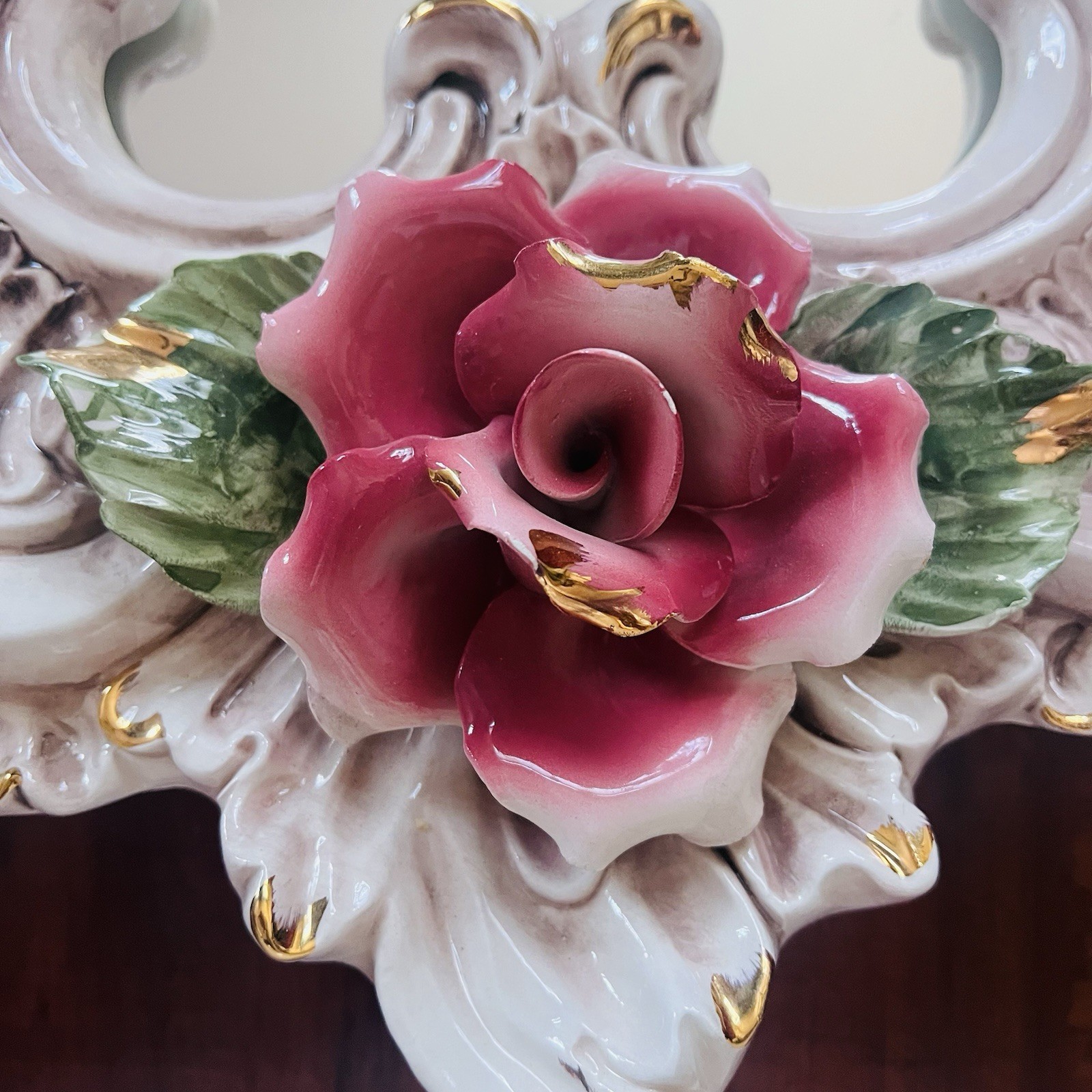 VTG Italian Capodimonte Style Ceramic Mirror & Shelf Set Rococo Decor Gold Trim