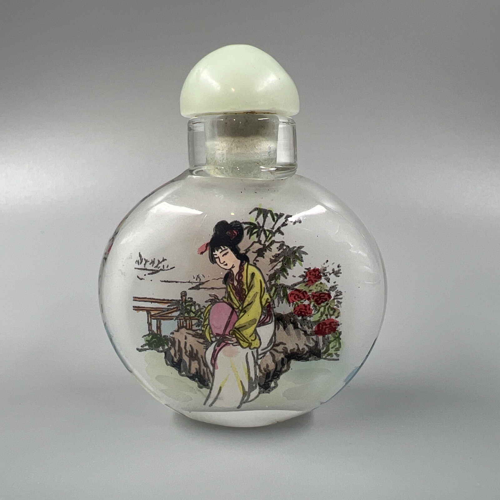 Reverse Painted Glass Chinese Snuff Bottle Woman In Traditional Dress 2″