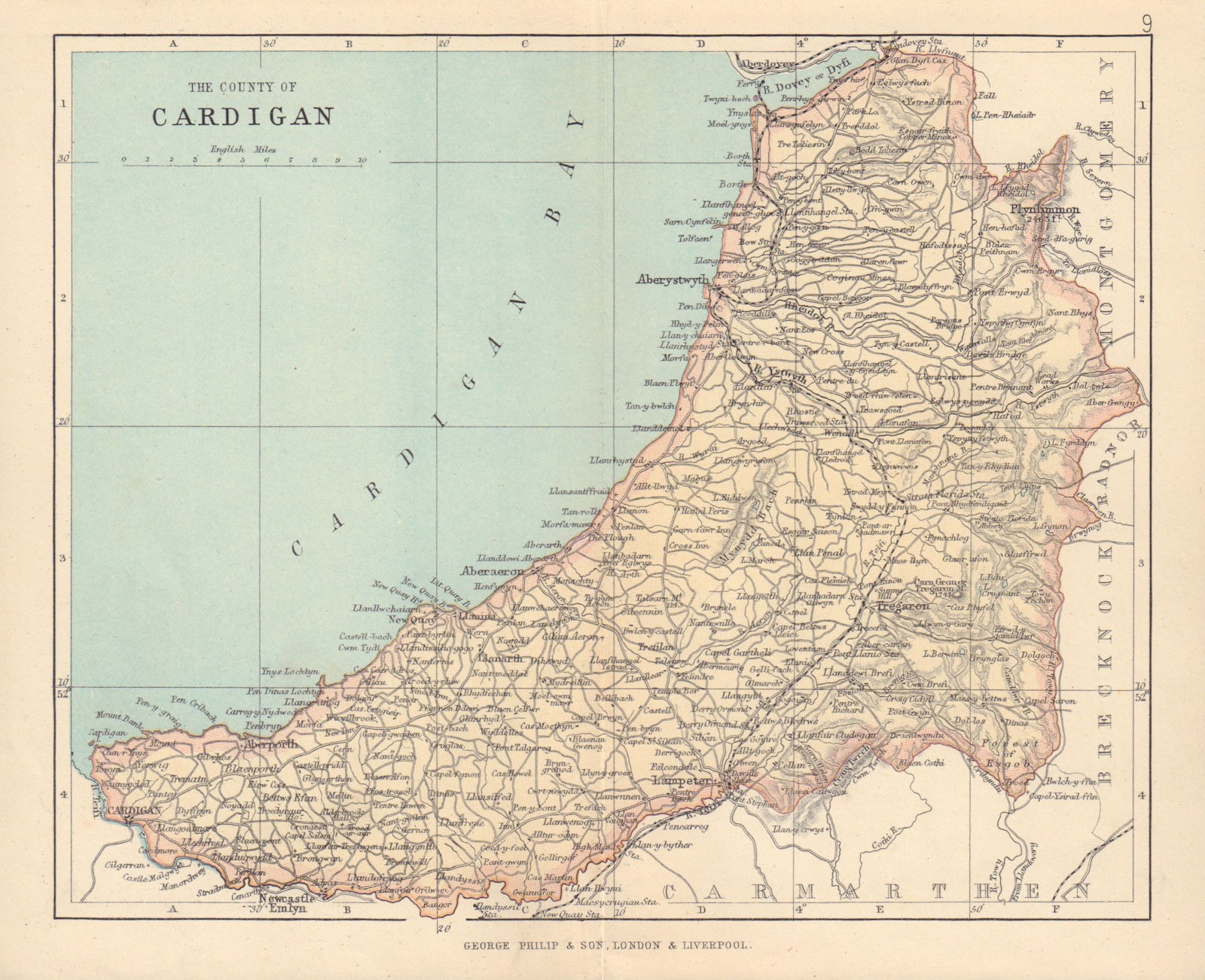 CARDIGANSHIRE “The County of Cardigan” Aberystwyth Wales BARTHOLOMEW 1890 map
