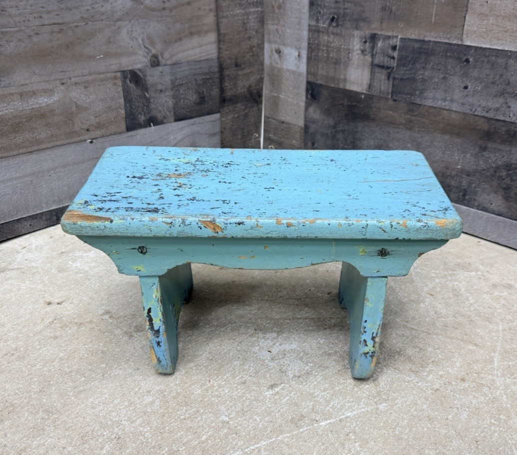 Vtg Teal Blue Foot Stool Primitive Cottage Bootjack Apron Handmade Furniture