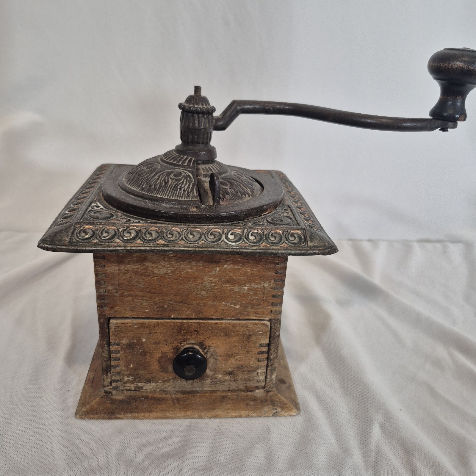 Vintage Coffee Bean Grinder Cast Iron Hardware Dovetailed Wood Copper Detail
