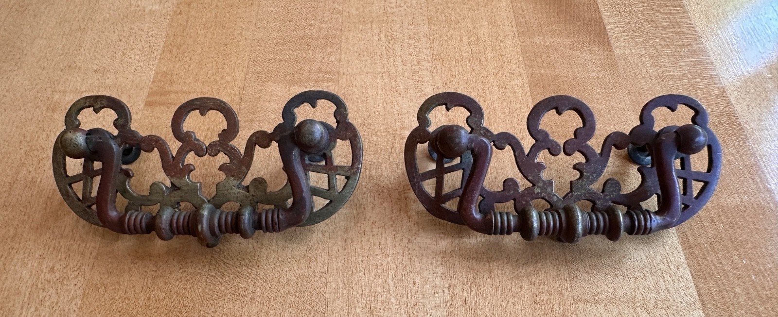 Pair Antique Victorian Revival Cast Brass Open Work Drop Bail Drawer Pull Handle