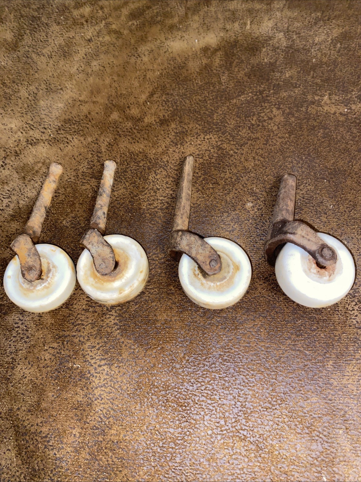 Set of 4 Antique Vtg Porcelain Caster Wheels Furniture Dresser