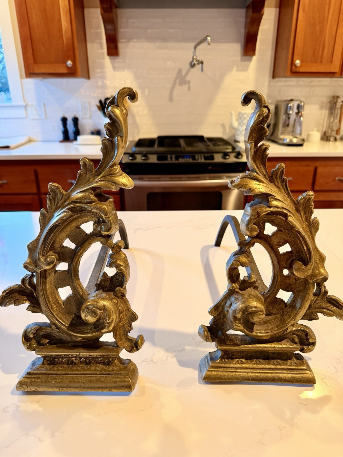 Antique French Rococo Baroque Brass Andirons Pair