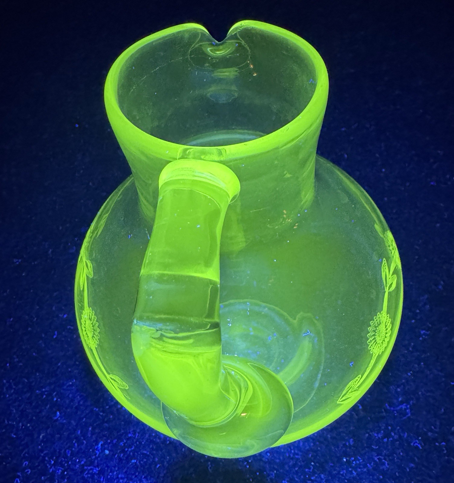 Antique Victorian Footed Juice Pitcher Engraved With Flowers Manganese Glass