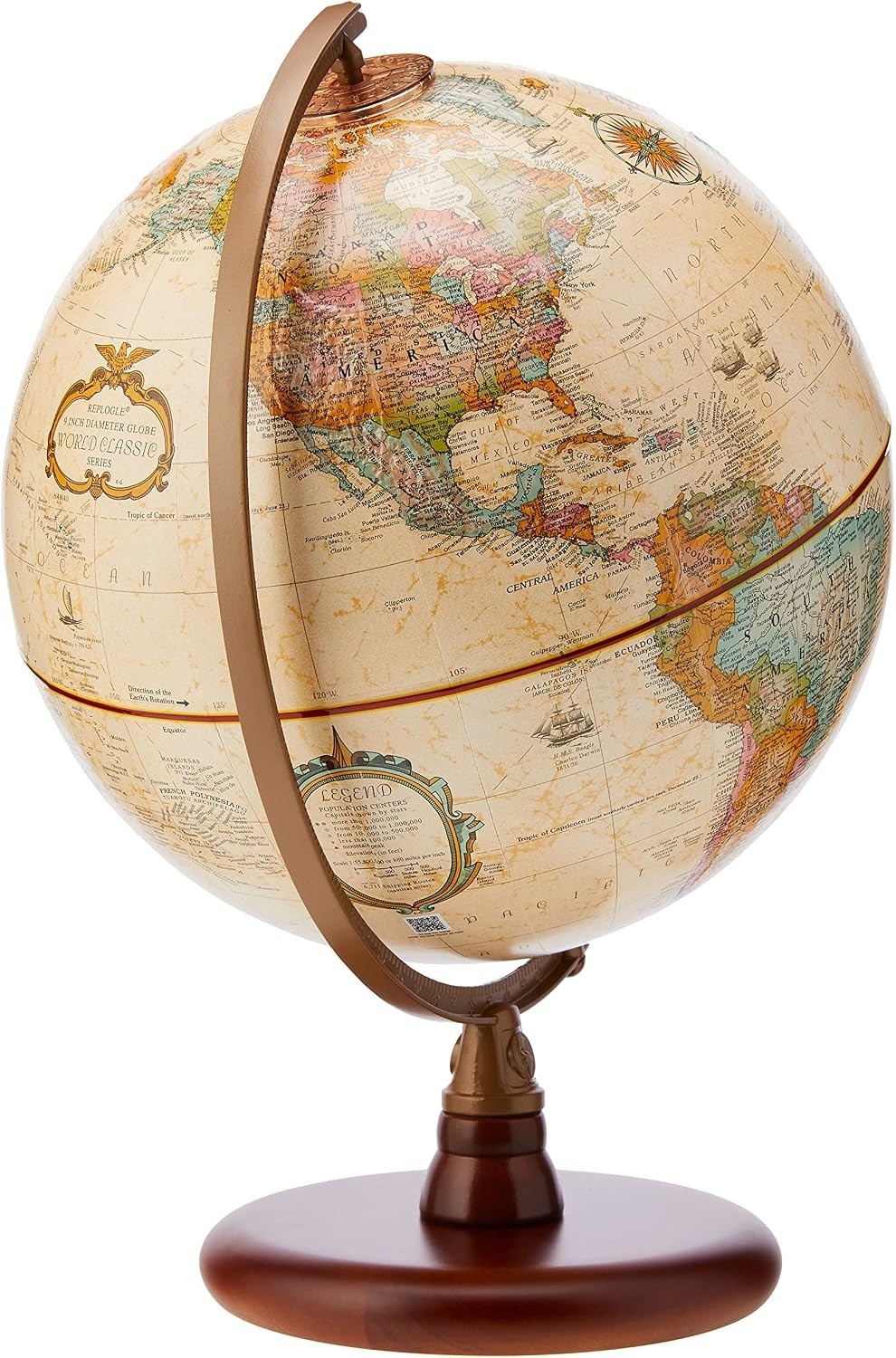Replogle Quincy 9″ Desktop World Globe – Antique Ocean, Raised Relief, New Item