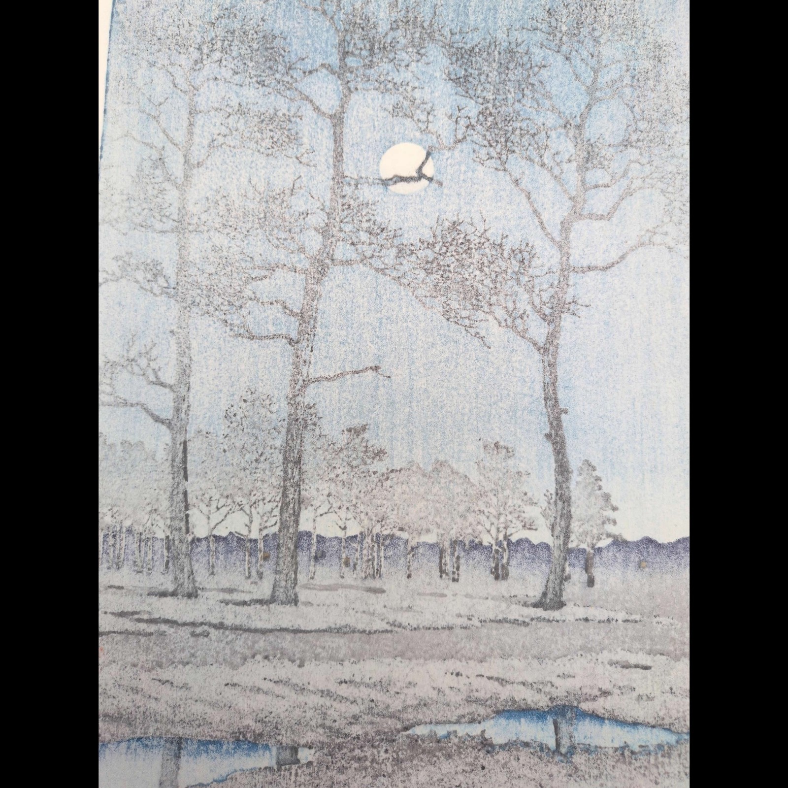 Hasui Kawase Winter Moon Toyamagahara, Tokyo Woodblock Print Shin Hanga JAPAN